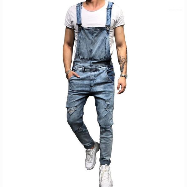 

kimsere men's hip hop ripped denim bib overalls hi street distressed jeans jumpsuits with holes streetwear suspender pants1, Blue