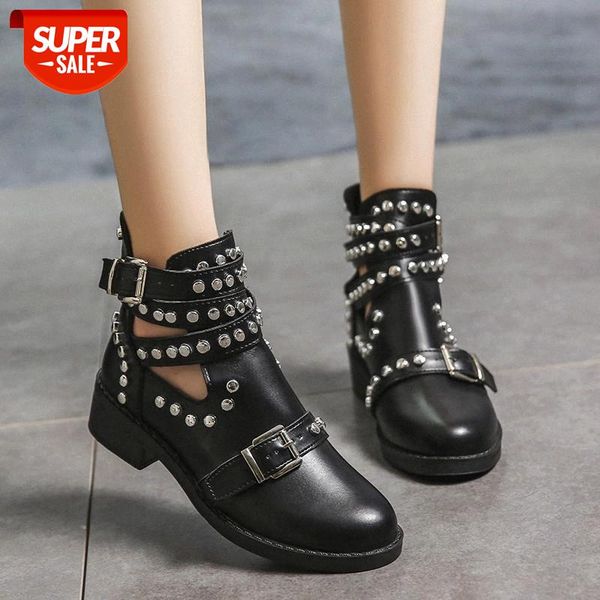 

lucyever fashion rivet double buckle ankle boots for women punk platform motorcycle boots woman big size pu leather chunky shoes #ct91, Black