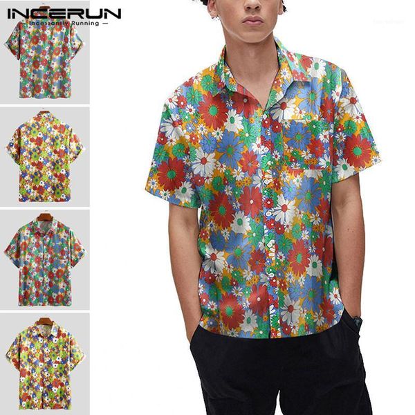 

men's casual shirts incerun men flower pattern printed short sleeve lapel shirt man loose buttons floral blouse summer hawaiian 1, White;black