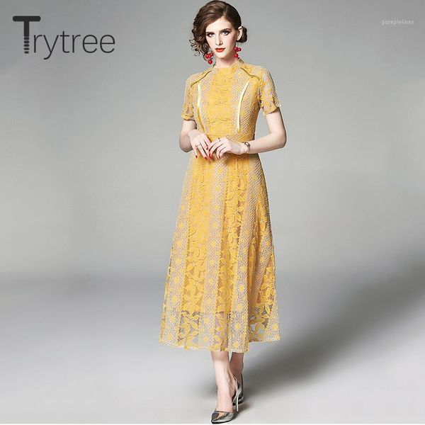 

trytree summer casual dress polyester lace floral stand collar women dresses mid-calf a-line solid 2 colors office lady dress1, Black;gray