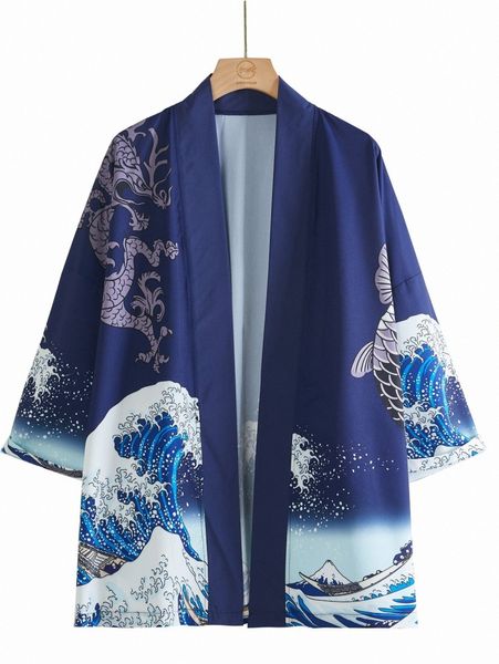 

men chinese dragon and wave print kimono q2mc#, White;black