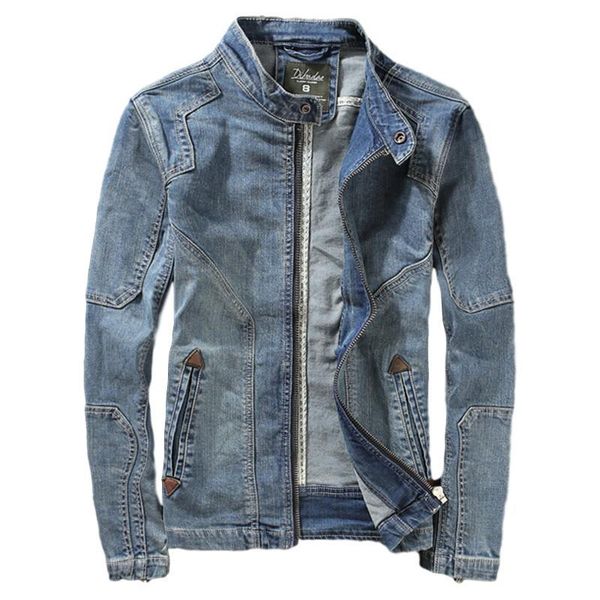 

men's jackets idopy men`s jean jacket motorcycle vintage stand collar slim fit zipper up biker trucker denim for male, Black;brown