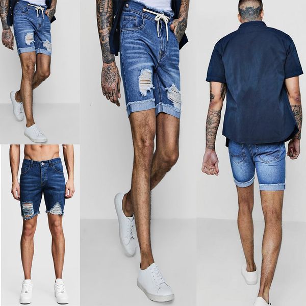 

2019 summer new jeans men's solid color holed casual denim shorts, Blue