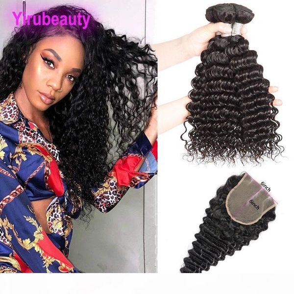 

brazilian virgin hair deep wave bundles with 6x6 lace closure 4 pieces lot human hair extensions with 6*6 closure middle three part, Black;brown