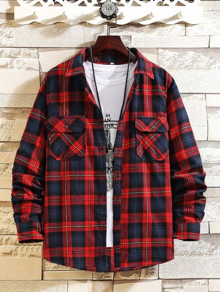 

men plaid print flap pocket shacket without tee q9xk#, Black;brown