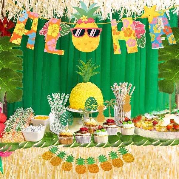 

hawaiian tropical pineapple supplies gold glittery aloha banners with palm leaves for birthday party decorations