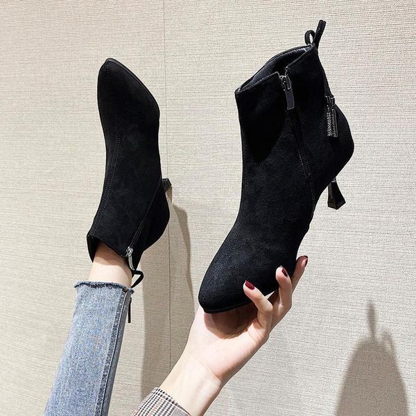 

boots black suede ankle women plus plush pointed toe high heel winter warm stiletto short 20211