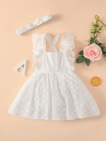 

baby ruffle trim schiffy overall dress with headband she, Red;yellow