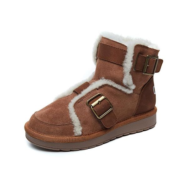 

kmeioo women snow boots genuine leather round toe buckles platform female winter wool ankle boots handmade comfortable walking, Black