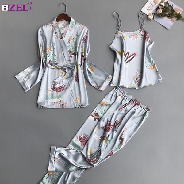 Frauen Pyjamas Sets 3 Stück Mode Spaghetti Strap Satin Nachtwäsche Weibliche Blume Drucken Langarm Pyjama Hause Kleidung Pijama 210203