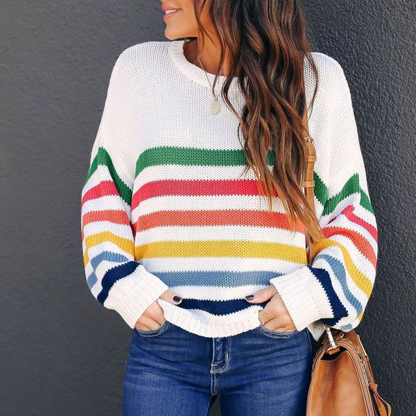 

rainbow striped sweaters korean style long sleeve women's sweaters pullover fashion jumper simple wild sweaters h1211, White;black