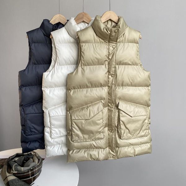 

women's vests spring women vest coat stand collar winter pure color midi lnegth oversized chaleco mujer gilet casaco feminino, Black;white
