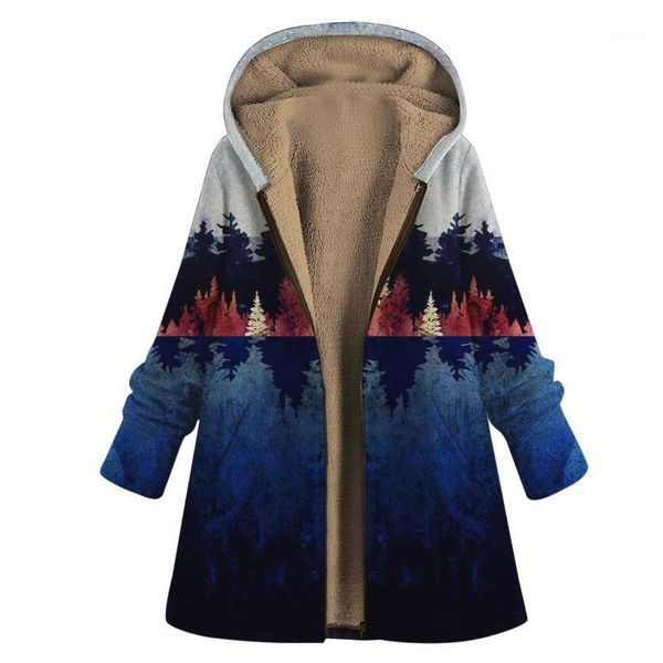 

womens winter warm print hooded pockets vintage oversize coats lady long sleeve zipper thickened plush plant jacket coat1, Black;brown