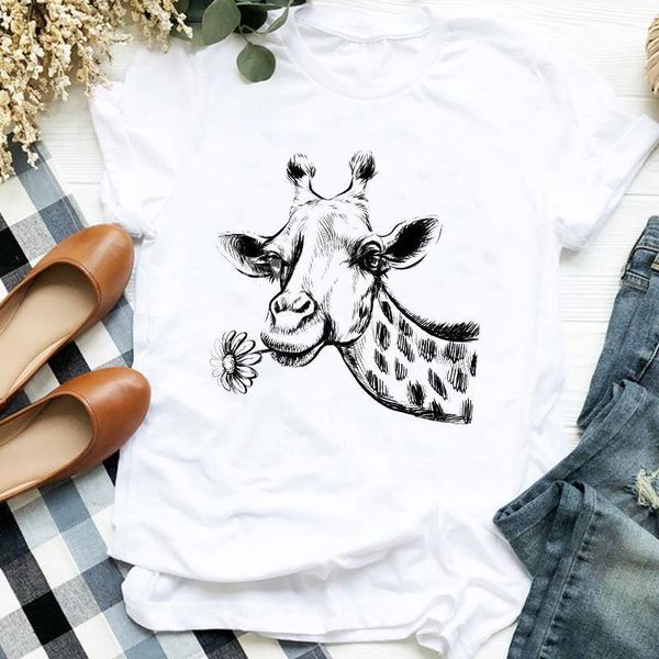 

women lady cartoon giraffe animal flower print fashion printingt tee womens tshirt female shirt clothes graphic t-shirt, White