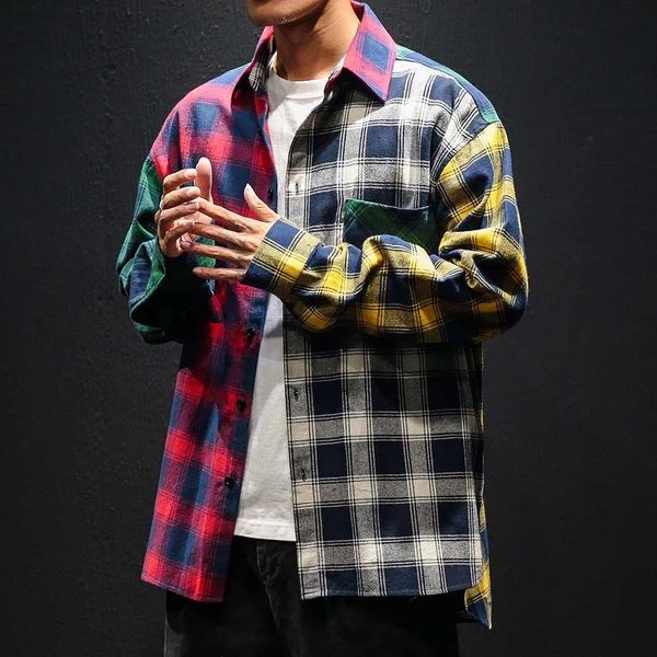 

vintage plaid colorblock shirts men's fashion long sleeve patchwork tartan shirt men hip hop casual urban clothing, White;black