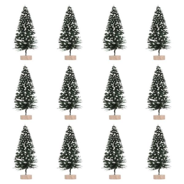 

12pcs mini christmas trees decor table fake snow frost trees with wood base