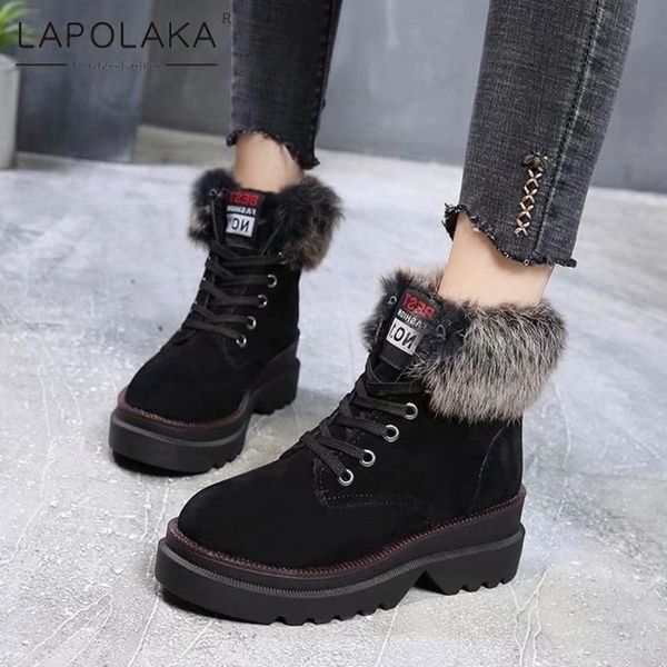 

lapolaka 2021 platform warm plush snow winter boots women shoes shoelaces comfortable work office wholesale booties, Black
