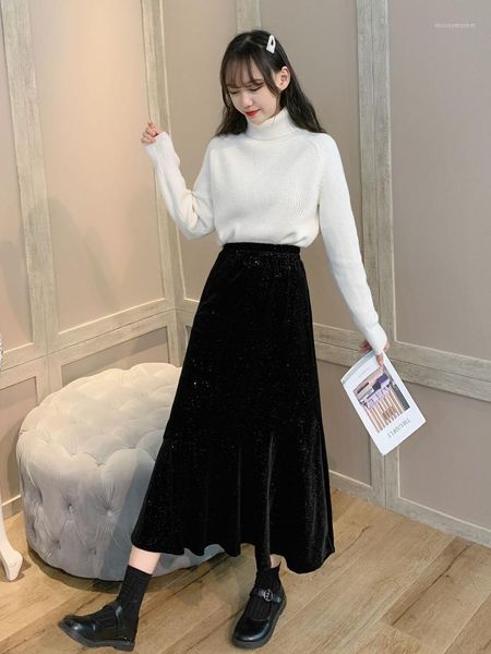 

skirts bling mermaid women autumn winter velvet empire elastic waist starry polka dot elegant a-line women's midi black skirt1