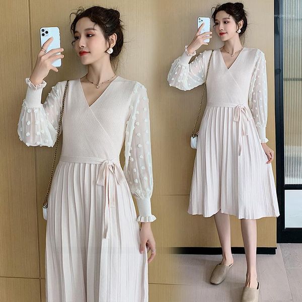 

maternity dresses autumn winter long pregnant women sweater lantern sleeve cross v-neck pleated dress with belt plus size empire dresses1, White