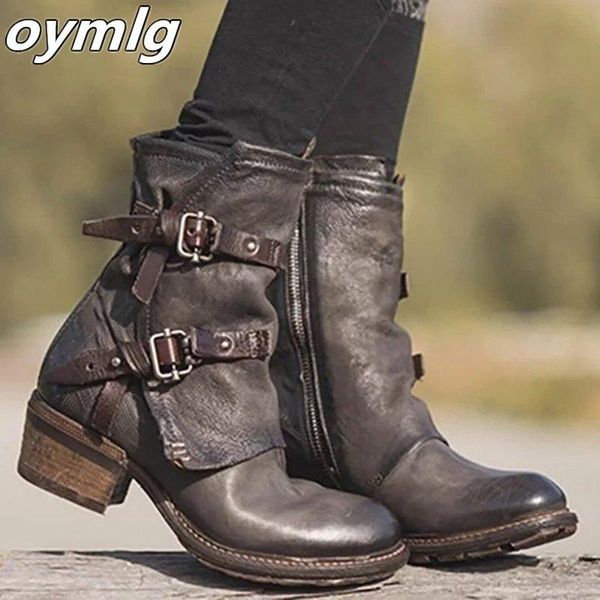 

autumn women shoes motorcycle boots platform low square heel round toe ankle buckle handmade sewing punk cool ladies female 2020, Black