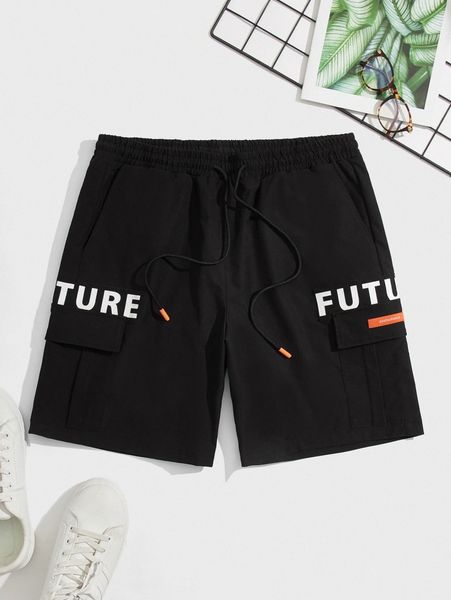 

men letter graphic drawstring waist flap pocket shorts r8qp#, Black