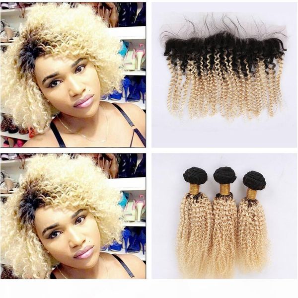 

two tone colored hair bundles light blonde #1b 613 lace frontal with bundles peruvian human virgin hair extensions with lace frontal closure, Black;brown