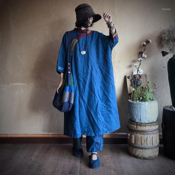 

women loose retro patchwork linen dress ladies vintage plus size robe dress female 2020 flax dresses summer autumn1, Black;gray