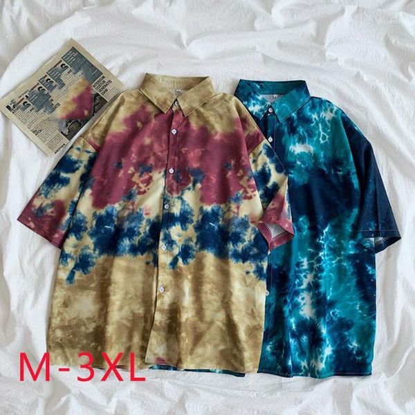 

men's casual shirts fashion men's short sleeve tie-dye print patchwork turn-down collar button plus size oversized loose blouse#3, White;black