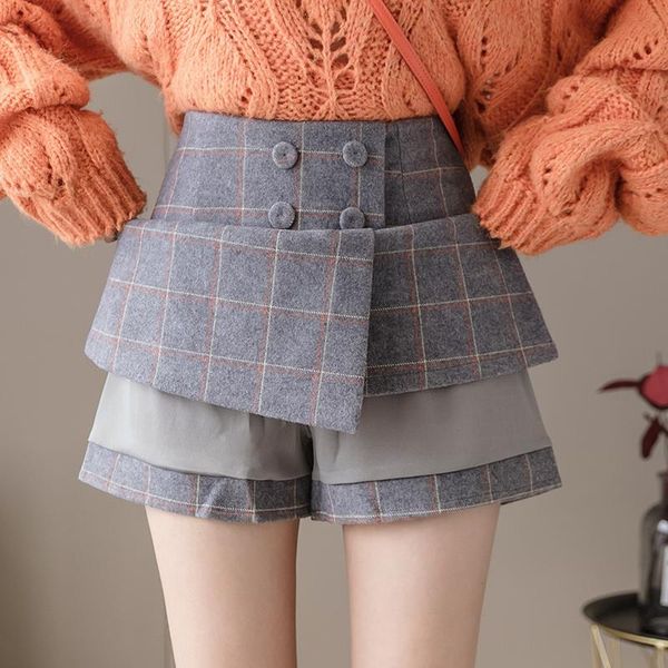 

double breasted woolen cloth mini cute plaid skirts of hight waist a font button irregular women skirt 2020 fall winter joker, Black