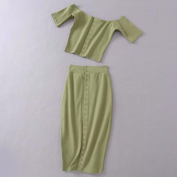 

2021 new knitted-mesh frontal button 2 garment suit thin upper harvest and skirt define female at knee clothing two pieces together kk28, Gray