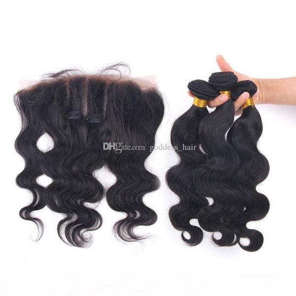 

9a body wave human hair with lace frontal 4pcs lot ear to ear full lace frontal part with bundles, Black