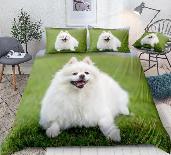 

bedding sets 3d pomeranian dog duvet cover set white on green lawn kids boys girls animal home textiles cute pet 3pcs dropship1