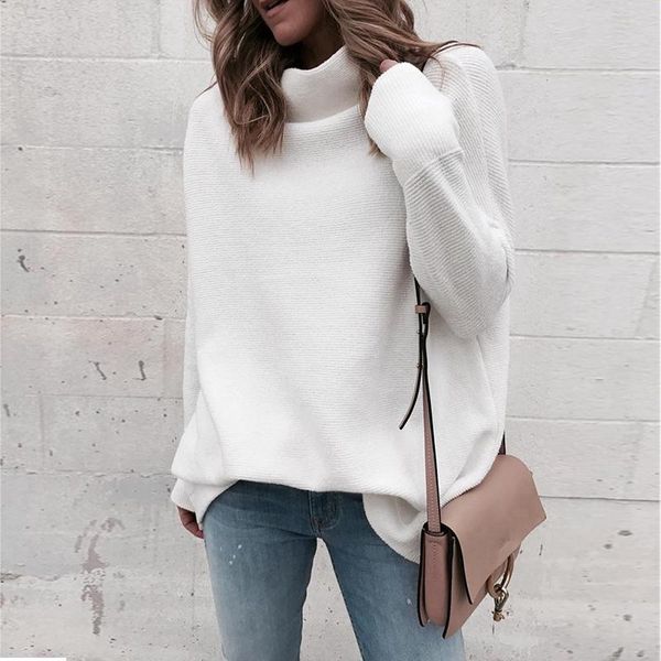 

autumn t shirt women knitted loose long sleeve solid white turtleneck fashion casual pullover clothes 2020