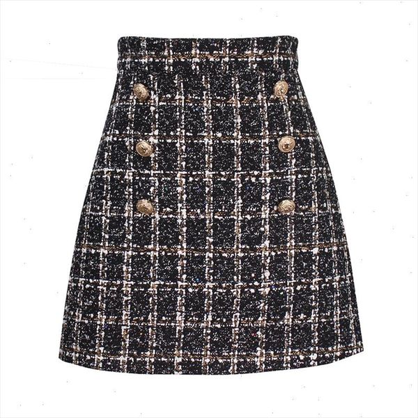 

autumn winter mini tweed skirt women plaid skirts ladies fashion korean high waist double breasted skirt, Black