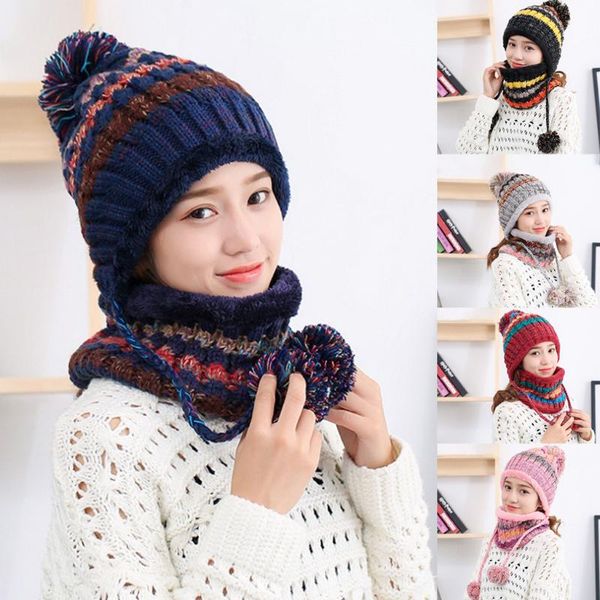 

women multi-function patchwork warm thickened mask scarf hat two piece suit stretchy soft and fashionable cap scarf suit
