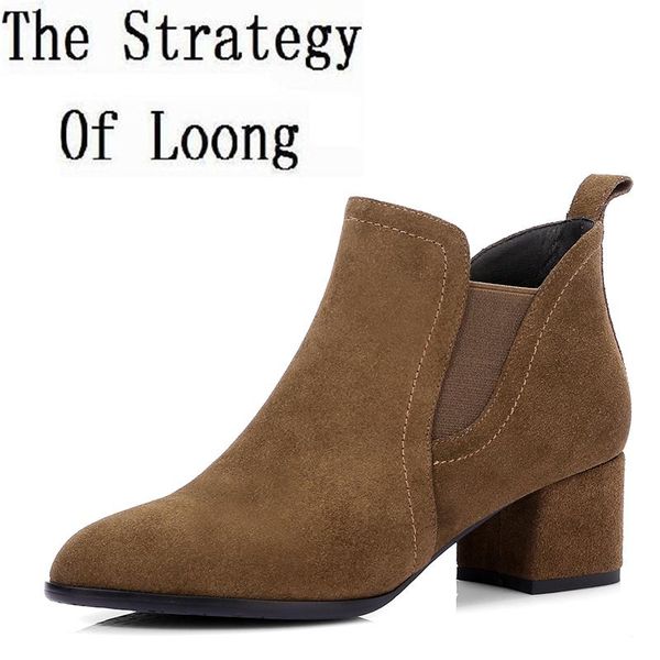 

boots women short plush square heels round toe pure color ankle boot winter elastic band high genuine leather zy170913, Black