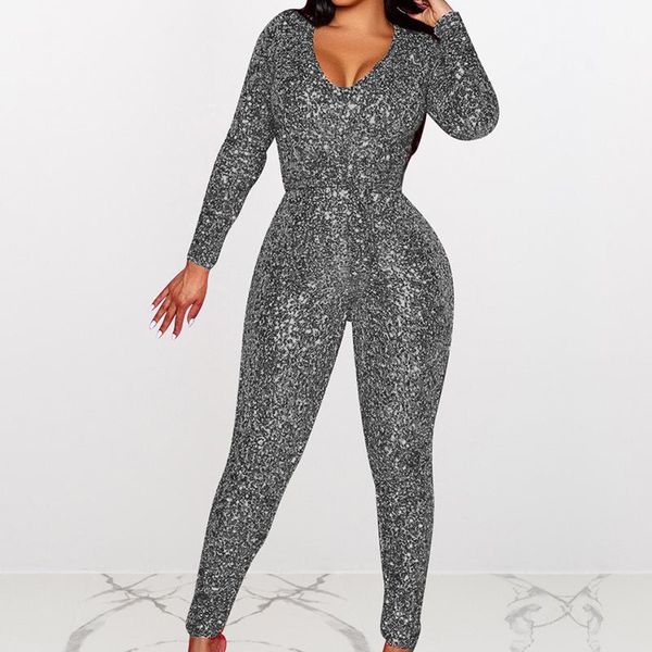 

solid v neck long sleeve skinny sequined rompers women jumpsuit casual one piece overalls1, Black;white