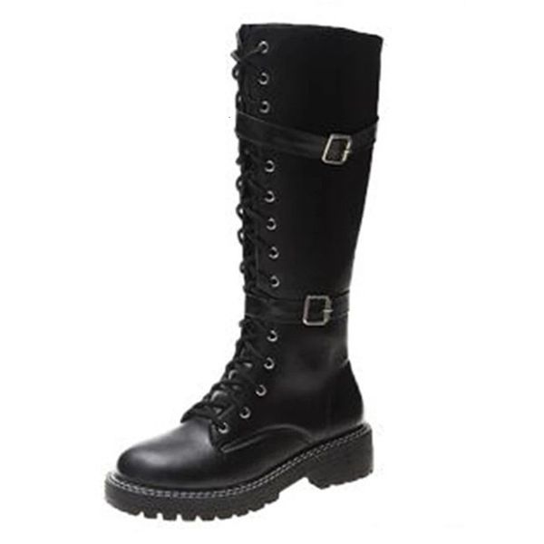 

2021 new women winter leather knee high fashion ride buckled rent up military combat long 35-42 boots cnxi, Black