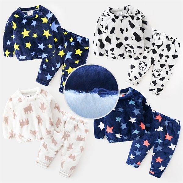 

2020 winter warm 2-10 years plus velvet thickening sleepwear suit 2pcs +pants for kids baby boys cartoon star pajamas sets lj201216, Blue;red