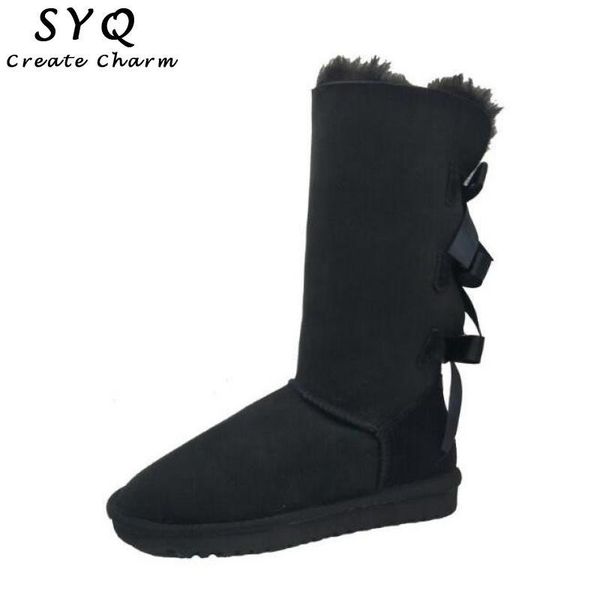 

australian style women snow boots waterproof genuine sheepskin leather winter boots warm wool women knee-high bow, Black