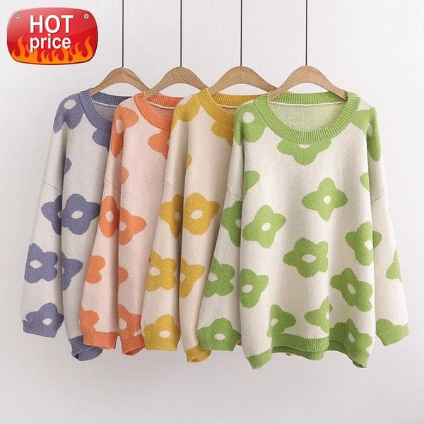 

Lazy Wind Big Flower Knitted Round Neck Sweater Women Loose Mid-length Warm Long-sleeved Sweater Pullover Cotton Female Spring #yE2D, White