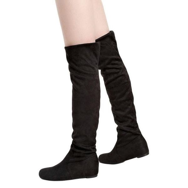 

women boots autumn winter leopard height increasing boots casual flat fold over the knee thigh high long, Black