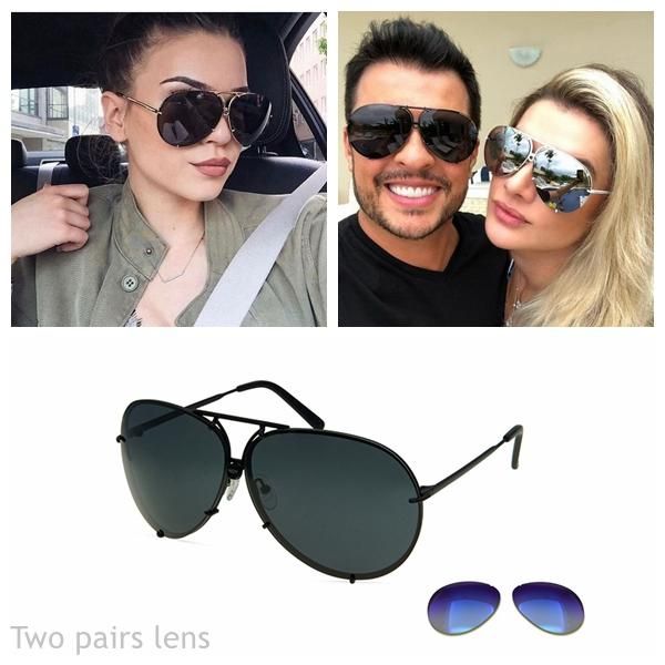 

sunglasses eoome designer fashion women and men oversized pilot shape sun glass with changable two lens together mirror case, White;black