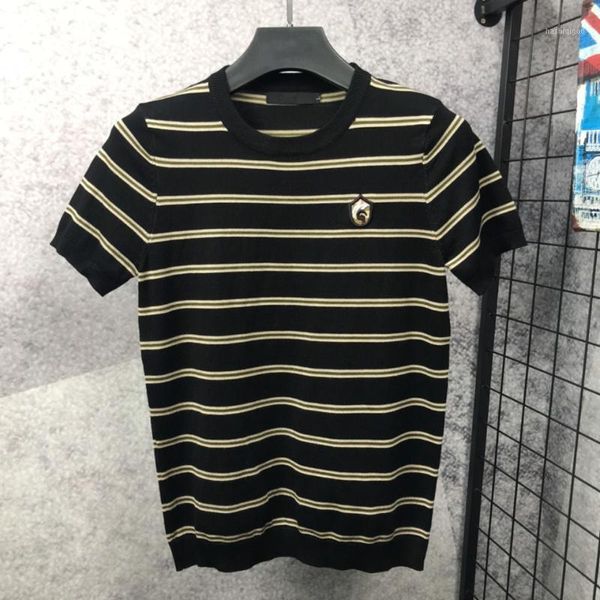 

autumn and winter new short sleeve sweater men's slim striped t-shirt1, White;black