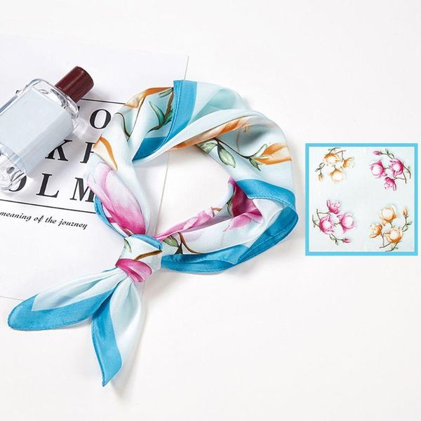 

scarves ladies imitation silk small square scarf floral mountain neckerchief headband, Blue;gray