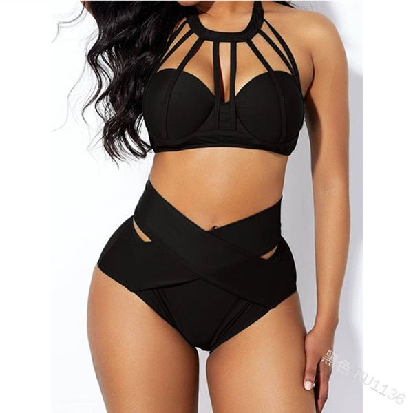 Nova Moda Mulher Sólida Cor 2 Peça Swimsuit Cintura Alta Cintura 2 Peça Bikini Mulher Max Tamanho Lingerie Swimwear