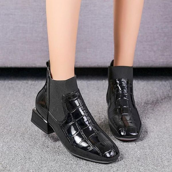 

women boots shiny pu leather autumn winter shoes woman spuare toe block heels ankle boots female botas zapatos mujer, Black