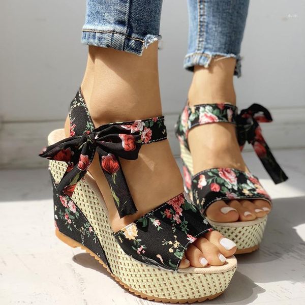 

female floral bowknot platform sandals women summer wedge sandals bohemia high heel shoe ankle strap open toe lady shoe#05051, Black