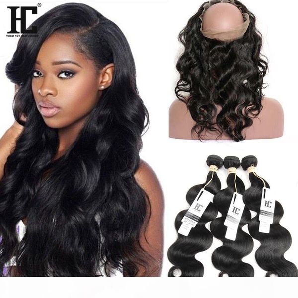 

360 lace frontal band body wave natural hairline with baby hair virgin brazilian body wave 3 bundles with360 lace frontal closure, Black