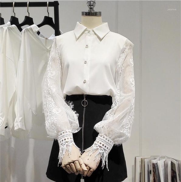 

chiffon shirt women's long sleeve autumn new korean fashion ladies lace hollow out stitching lantern sleeve white blouse1